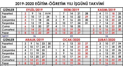 2019-2020 Eğitim ve Öğretim Yılı İş Günü Takvimi